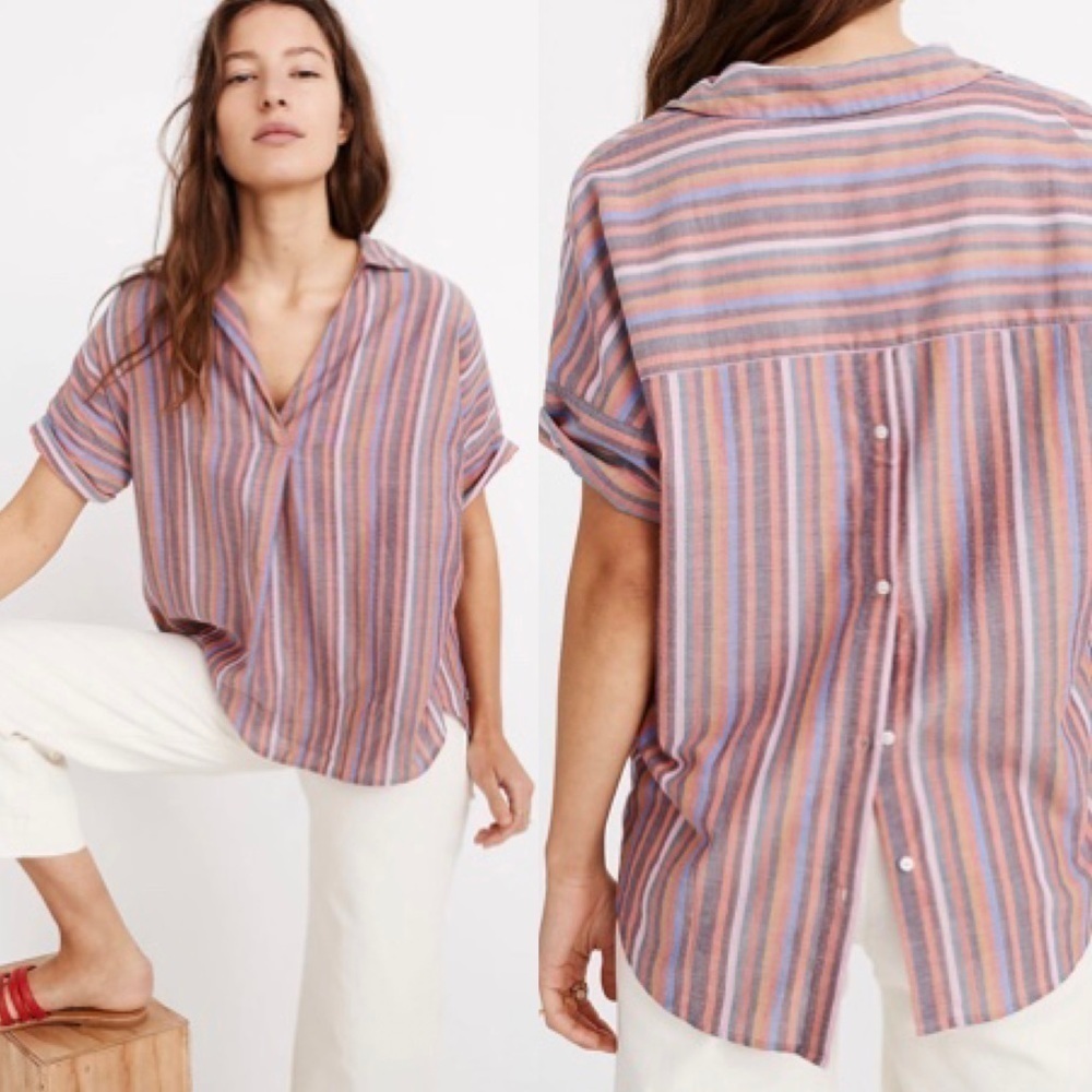 Madewell Rainbow Striped Short Sleeve Courier Button Back Shirt